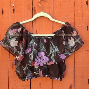 Hand Made Crop Top Sheer Brown and Floral Print